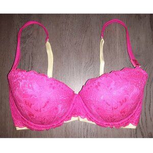 Victoria's Secret PINK Date Push Up Bra Size 34D Hot Pink Lace Neon Yellow Green